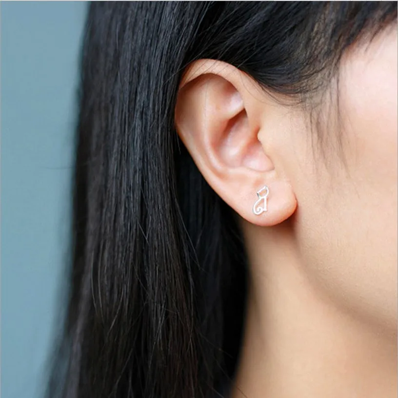 Женские серьги гвоздики из стерлингового серебра 925 пробы с милым котом модные