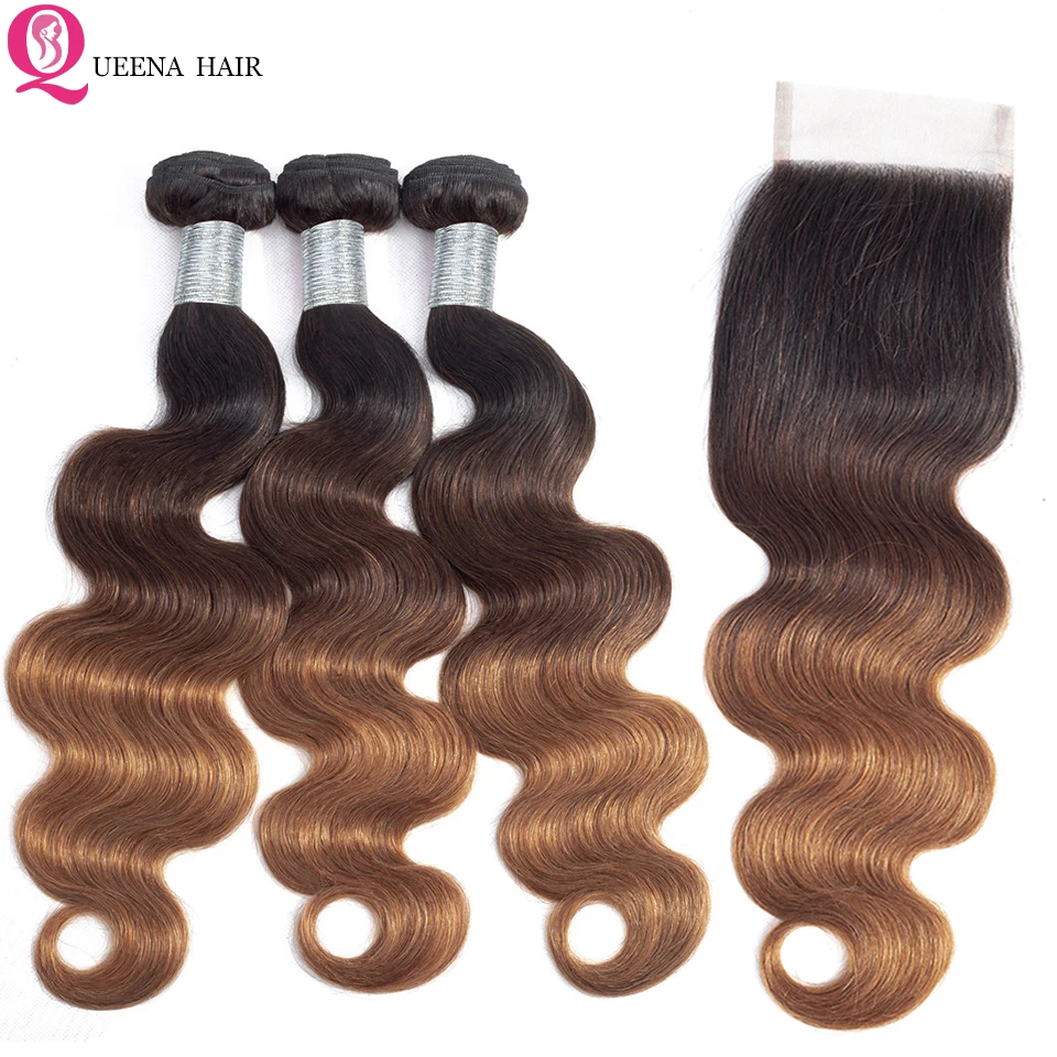 Queena Cambodian Hair Ombre  Body Wave Hair Bundles with Closure Remy 1B/4/30 Colored Human Hair 3 Bundles With 4x4 Lace Closure