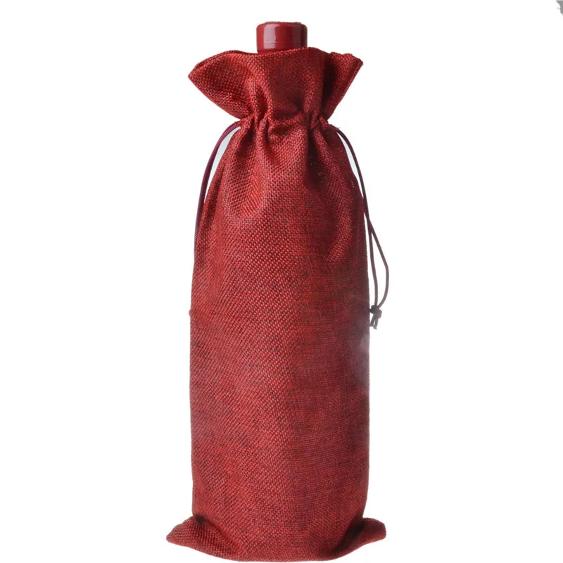 wine red color 10 шт. винная бутылка из джута сумки мешковины Hessian шнурок Вина Подарочный Чехол 15 см x 35 см - Цвет: wine red color