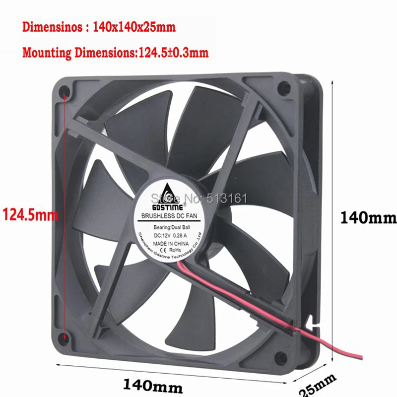 5 шт. Gdstime Ball Beairng DC 12 В 2Pin 14025 14 см 140 мм x 25 Бесщеточный Охлаждающий вентилятор