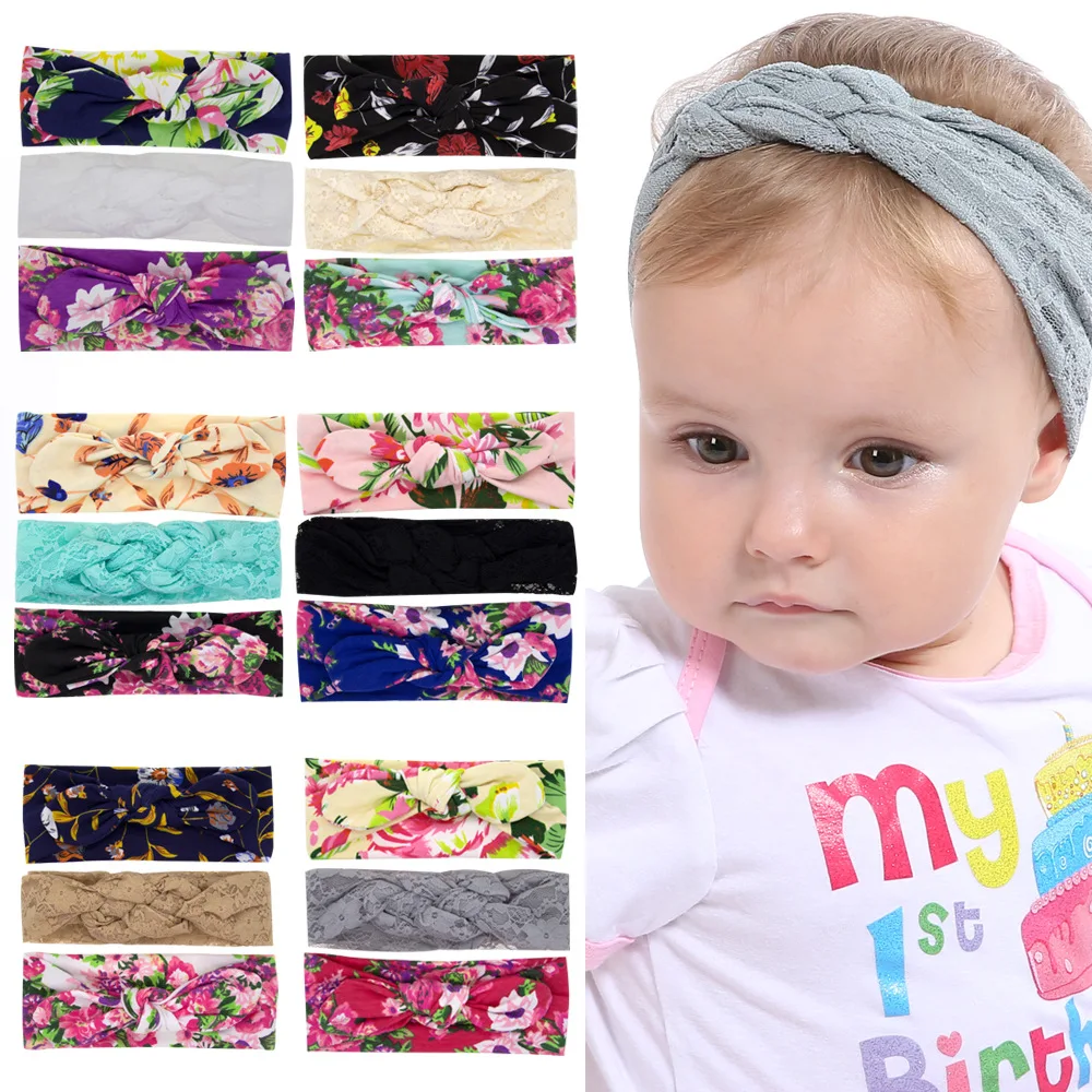 New 3pcs/lot Baby Girls Printed Flower Ear Knot Headband Lace Cross Headwraps Children Kids Princess Hair Accessories Gifts