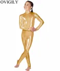 Детский танцевальный комбинезон OVIGILY, Блестящий эластичный комбинезон с длинным рукавом, золотистого цвета, металлик, для гимнастики