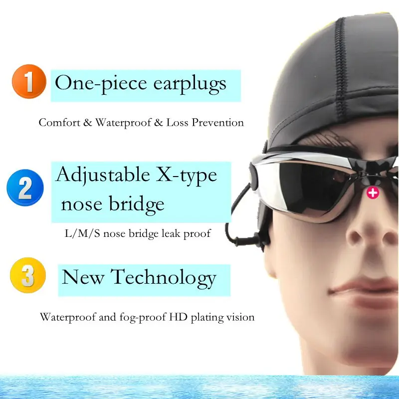 Очки для плавания при близорукости со шляпой ушной затычкой зажим носа