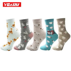 YEADU 5 парлот, Разноцветные Милые Хлопковые женские носки, забавные мультяшные носки для девочек с овечкой, Кроликом, жирафом, японский стиль