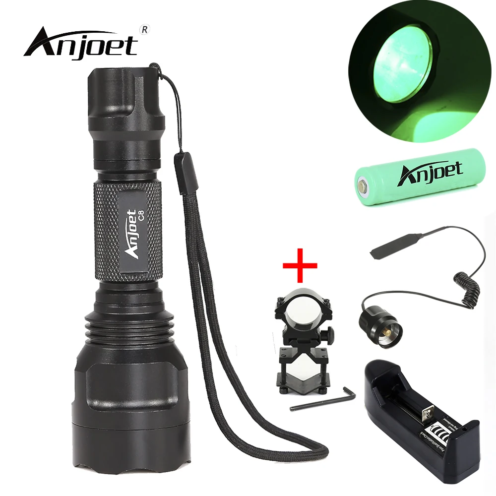 

ANJOET Single file Mode Green light Tactical Flashlight Q5 led torch + battery + Charger + Pressure Switch + gun rack