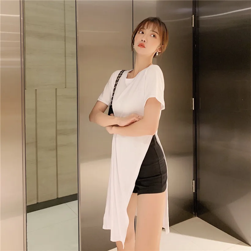 2019 Женская летняя футболка на пуговицах с Боковым Разрезом и круглым вырезом