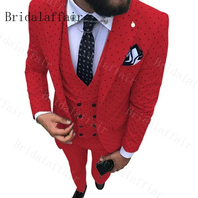 Red Bridalaffair фиолетовый жених свадебное платье Формальные костюмы в горошек набор мужской модный стиль повседневный деловой костюм из трех частей на заказ - Цвет: Red