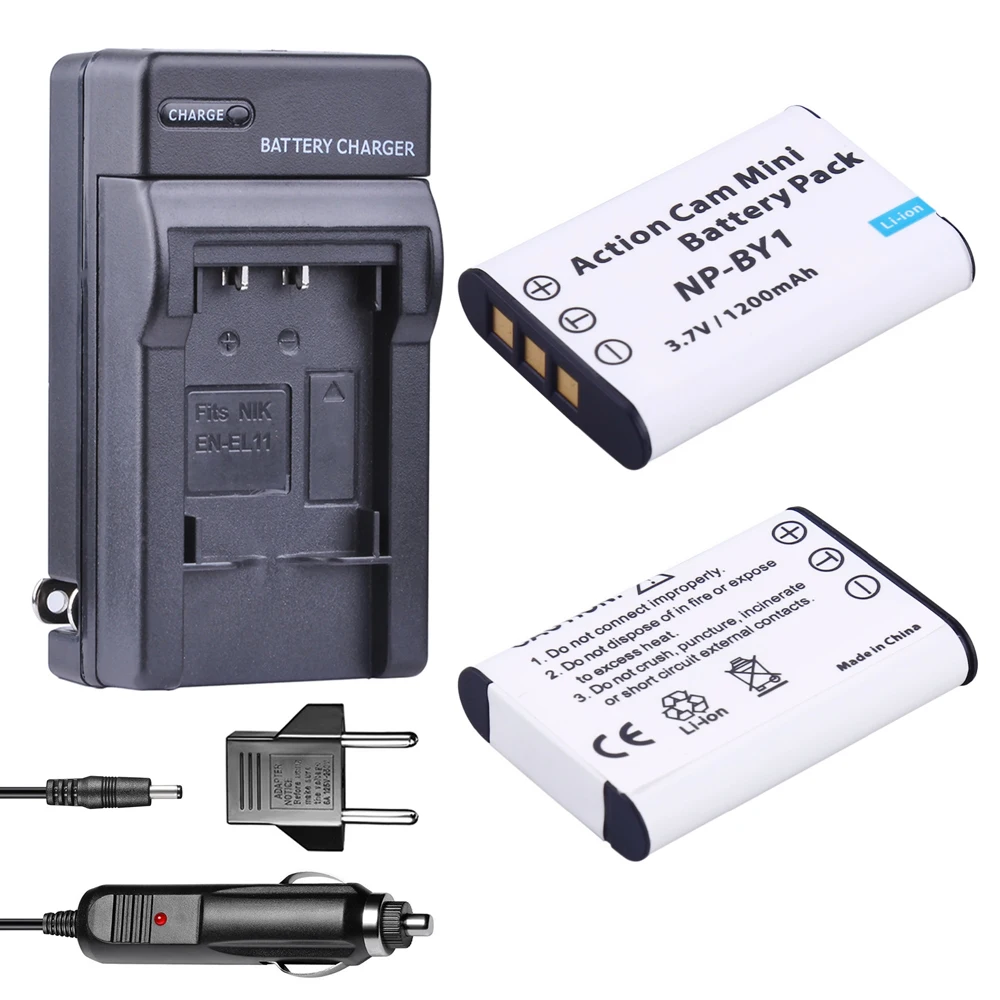 

2x NP-BY1 battery np BY1 NPBY1 bateria + Car charger + EU Adapter for Sony HDR-AS100v HDR-AZ1 AZ1VR AZ1VB AZ1VW Video Camera DV