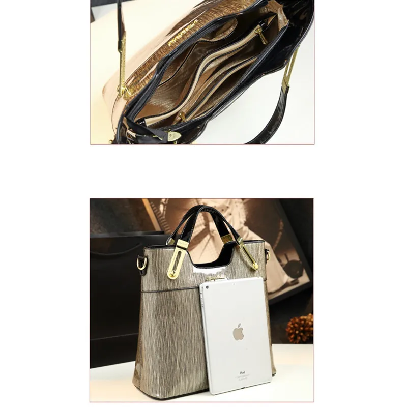 

ICEV New European Fashion High Quality Patent Leather Handbags Stripe Women Leather Handbags Panelled Simple Top Handle Bag Sac