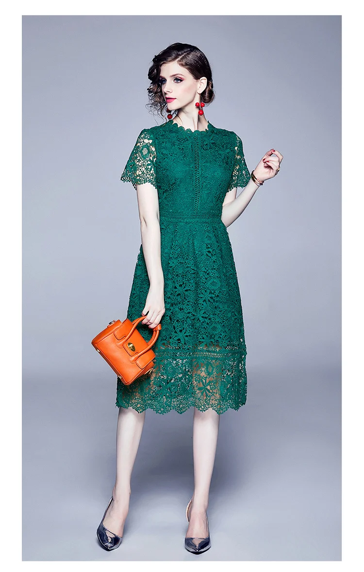 YiLin Kay Green/Pink lace stitching Hollow out summer dress fashion Runway Elegant lace Hollow-out crocheted long dress