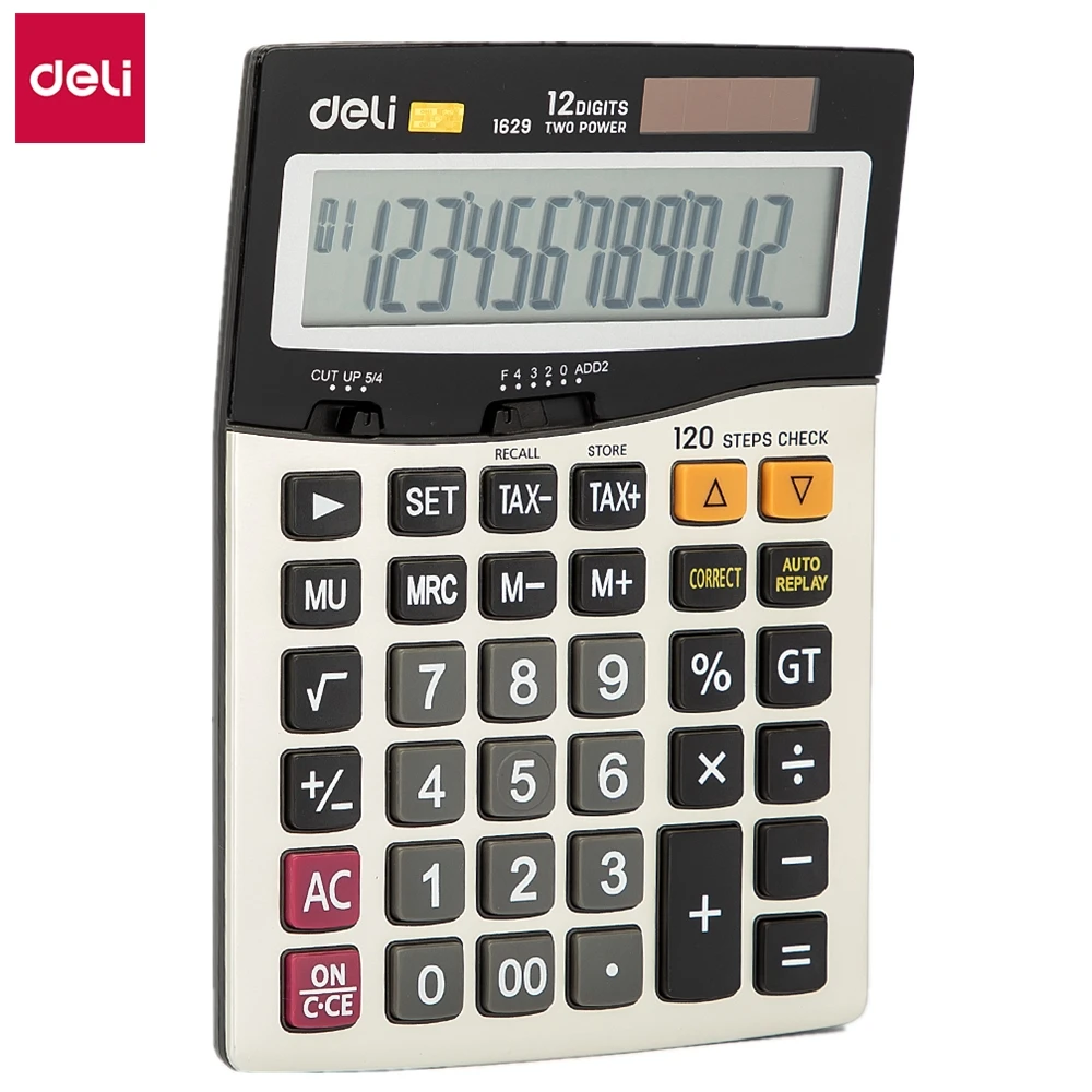 Deli E1629 Calculator universal programmer 120-check Tax Calculators 12-digit Battery & Solar Dual power Metal Surface office