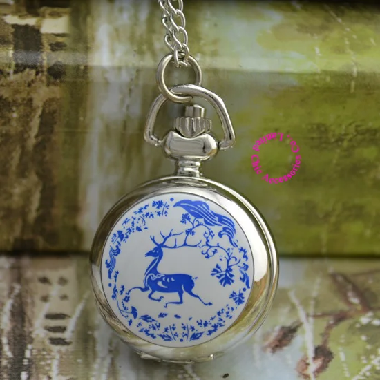 

wholesale buyer pocket watch necklace good quality new silver blue deer sketch drawing fob watches hour clock chain antibrittle