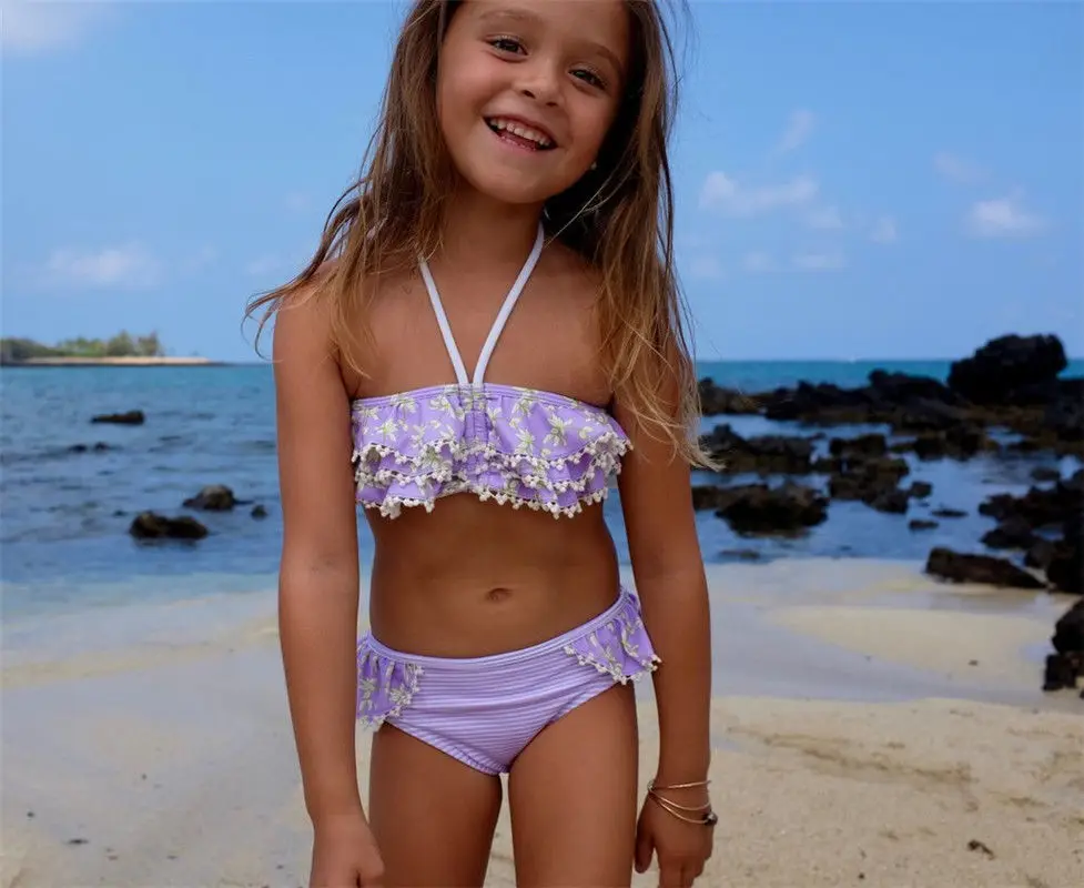 Фиолетовая полосатая одежда с цветочным принтом для маленьких девочек детская