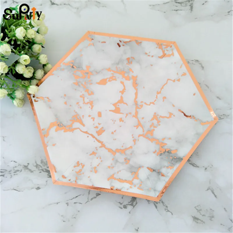 White Rose 24 шт черные/мраморные бумажные тарелки из розовой фольги, вечерние тарелки, свадебные бумажные тарелки, декоративные аксессуары для душа невесты, детская посуда для душа - Цвет: White Rose