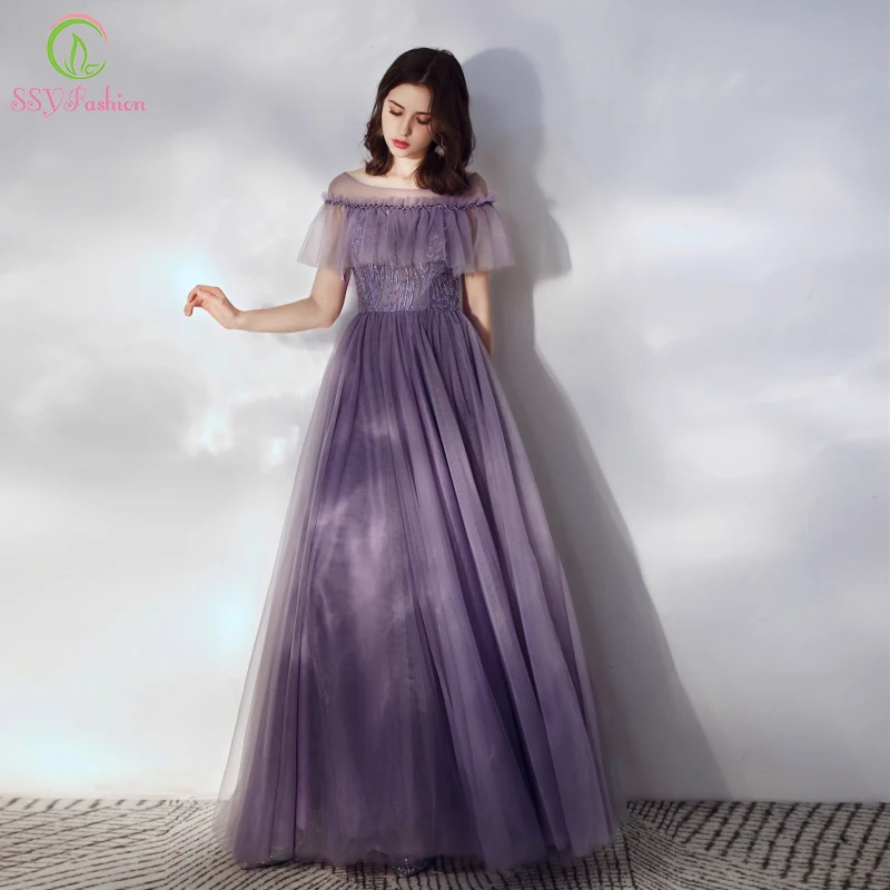 Женское вечернее платье до пола SSYFashion фиолетовое длинное с вырезом лодочкой