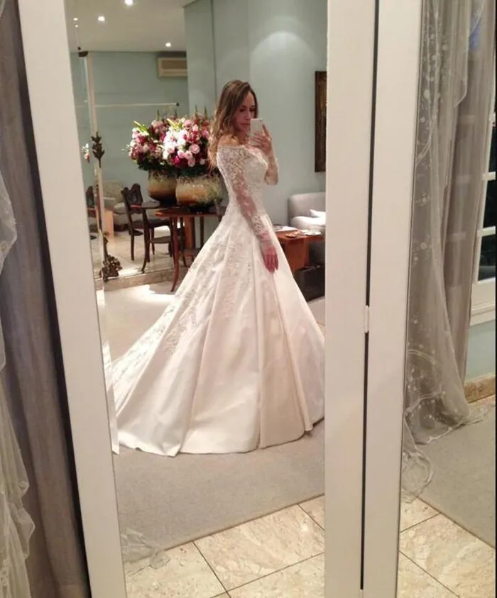 High Quality Satin Wedding Dress with Lace Appliques Sequins Off Shoulder Long Sleeves Zipper Back Top Vestidos de Novia | Свадьбы и