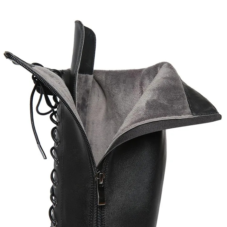 

MLJUESE 2018 women Knee-high boots cow leather winter short plush high heels lace up women thign high boots Motorcycle boots