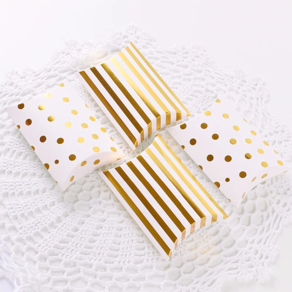 

50Pcs Gold Foil Printting White Paper Pouch Kraft Paper Pillow box Wedding Favors Gift Boxes Wedding Party Supply Cake Bags