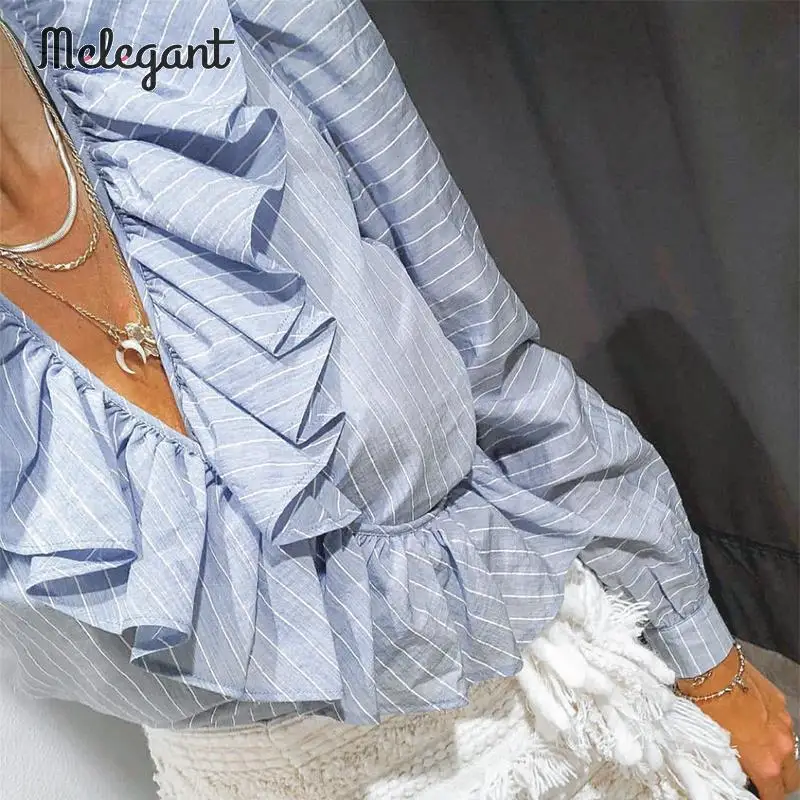 Женская блузка в полоску mэлегантная синяя Повседневная Блузка с рукавами