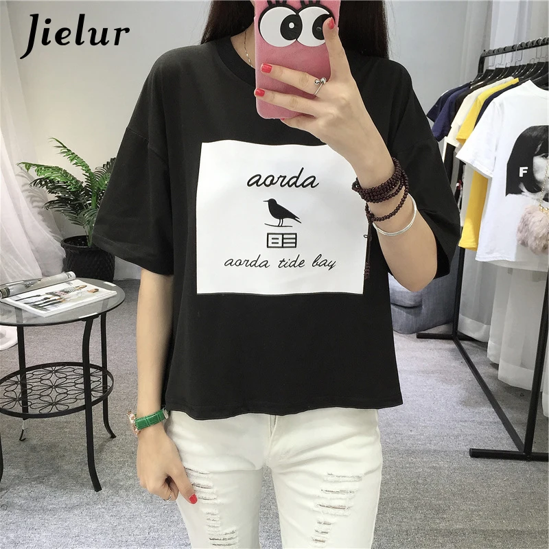 Jielur 2019 летняя футболка для женщин Харадзюку корейский стиль птица мультфильм