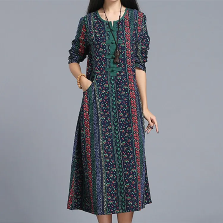Женское свободное винтажное платье миди с цветочным принтом и длинным рукавом