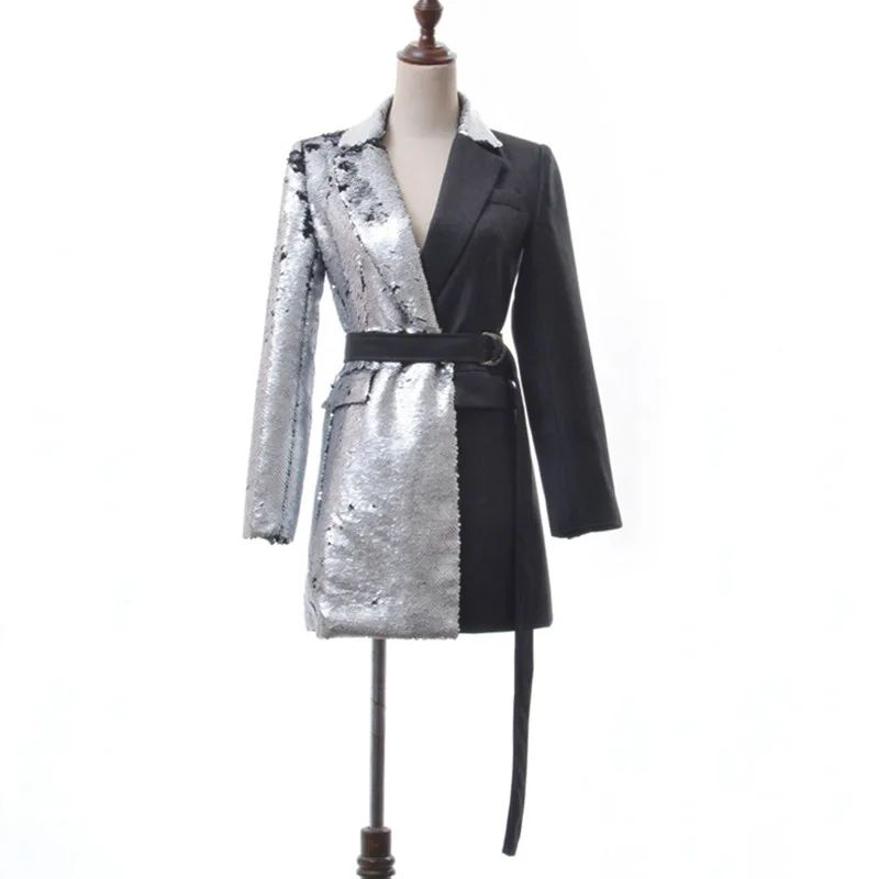 2019 повседневное лоскутное пальто с пайетками женское кружевное длинным рукавом