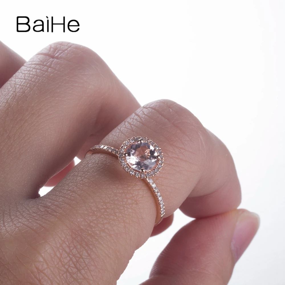 

BAIHE Solid 10K Rose Gold About 1.25ct Round Morganite Women Engagement Ring Wedding Fine Jewelry unique Gift Morganite Ring