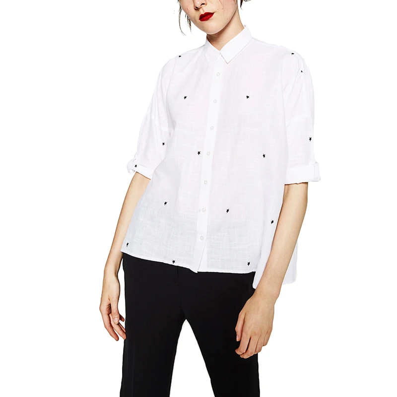 Women star embroidery loose shirts half sleeve turn down collar elegant blouse ladies casual office wear tops blusas LT1166 |
