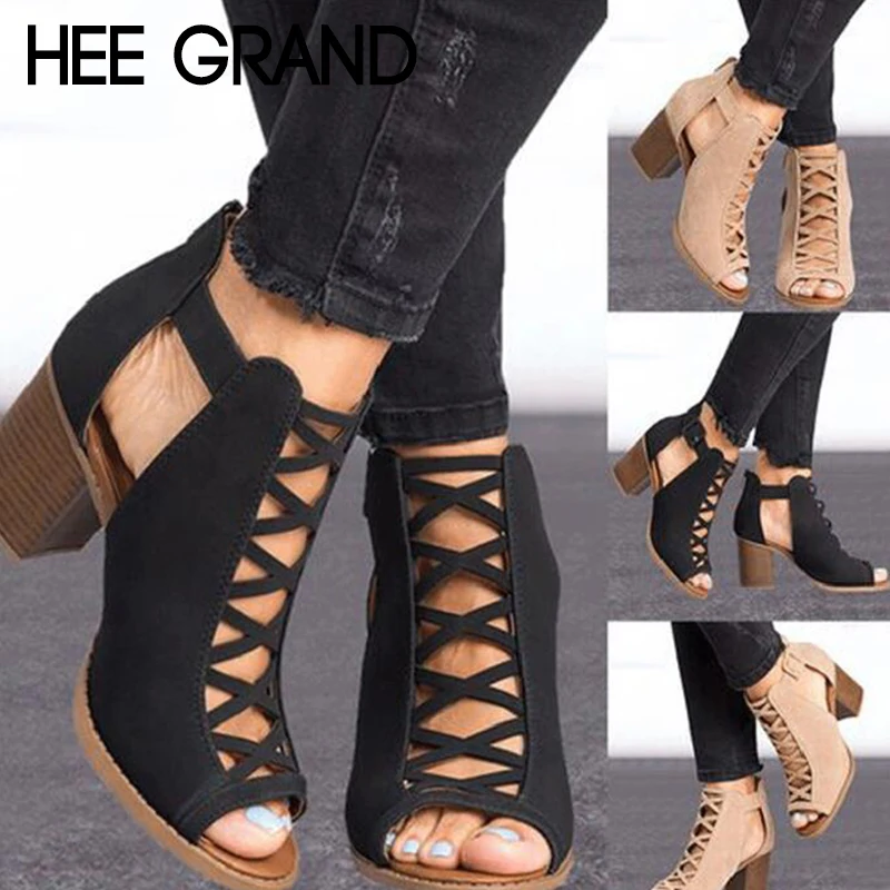 HEE GRAND Sandals Women Thick Heel Pumps 2019 Sexy Style Peep Toe Heels Flock Leather Spring Shoes Zipper WXG564 | Обувь