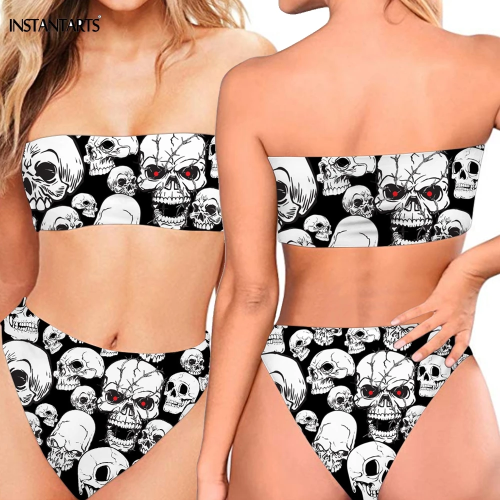 INSTANTARTS 3D Punk Skull Print Woman Push Up Bikini Set Strapless Bandeau Swimming Suits Summer Female Sexy Bathing Beachwear | Женская