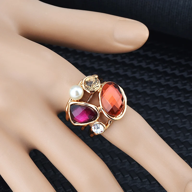 

High Quality Gold Color Austria Crystal With Simulated Pearl & Rhinestone Wedding Rings For Women J00170