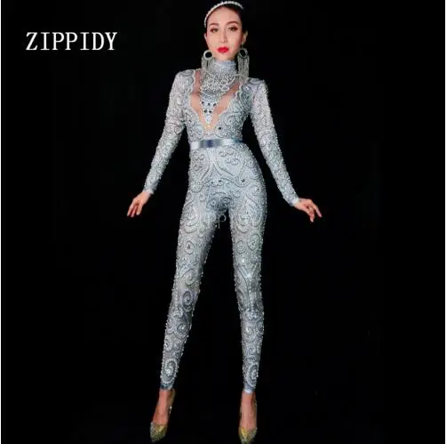 Glisten Silver Crystals Jumpsuit Long Sleeves Stretch Pearl Outfit Female Singer DS Nightclub Women's Party Wear Sexy Bodysuits