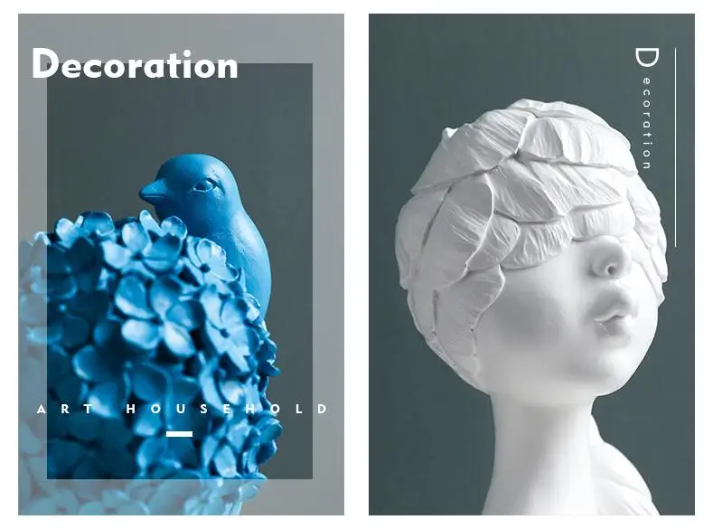 Nordic Style Resin Cute Blue White Bird Girls Decorative Figurines Office Livingroom Desktop Statue Home Furnishing Decor Crafts