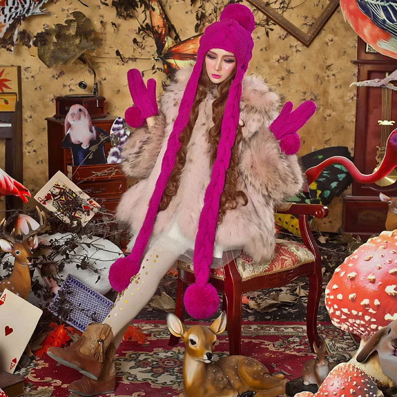 Розово красная шапка BomHCS шарф и перчатки ручной работы зимняя теплая плотная