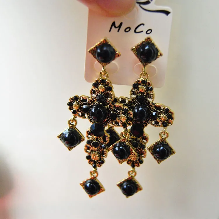 New Arrival Baroque Crystal Black Pearl Flower Big cross Long Earrings Bridal Vintage For Women Jewelry Wedding Brinco | Украшения и