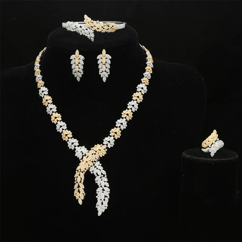 Большой Роскошный Золотой/Серебряный 4 шт. нигерийское Ожерелье Ювелирные наборы для женщин свадебный Циркон Кристалл CZ индийский Африканский Свадебный комплект ювелирных изделий