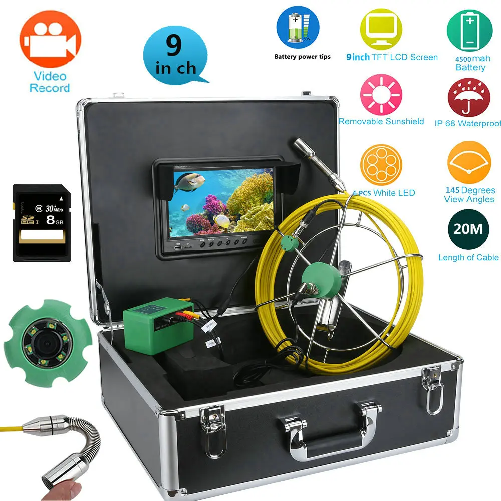 

20M IP68 Waterproof Drain Pipe Sewer Inspection Camera System 9"LCD DVR 1000TVL Camera with 6W LED Lights 8GB TF Card