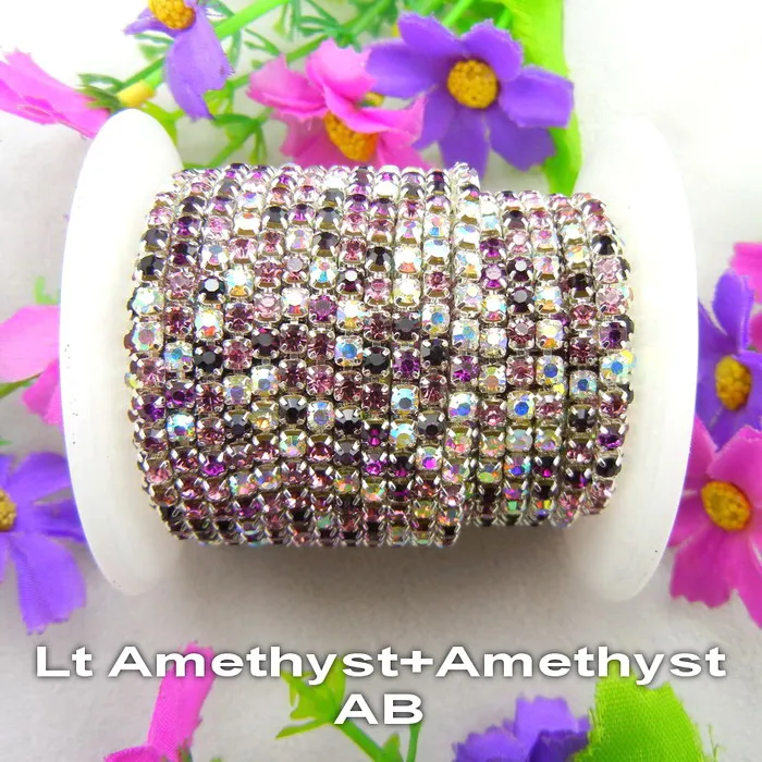 A7 Amethyst AB mix Высокая плотность 5 ярдов/рулон серебряный коготь цвета микс ss6 2 мм ss8 2,5 мм ss10 2,8 мм ss12 3 мм стразы на цепочке пришивной клей для отделки - Цвет: A7 Amethyst AB mix