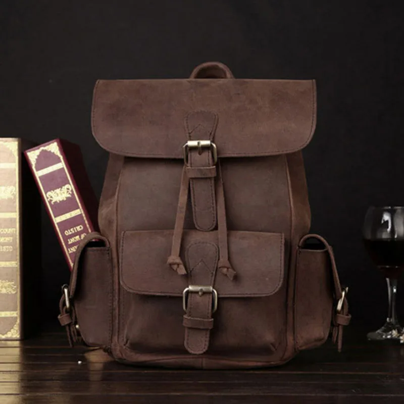 

Vintage Daypack Crazy Horse Cowhide Unisex Backpack School Satchel Travel Large Capacity Book Bags Rucksack