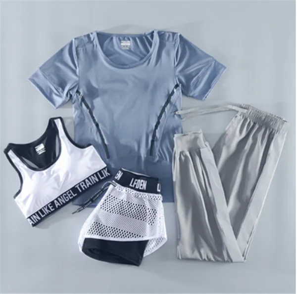 4 piece set a Летний женский спортивный комплект из 4 предметов для бега, быстросохнущая футболка+ бюстгальтер+ сетчатые шорты+ штаны, костюм для фитнеса, спортзала, йоги, одежда для тренировок - Цвет: 4 piece set a