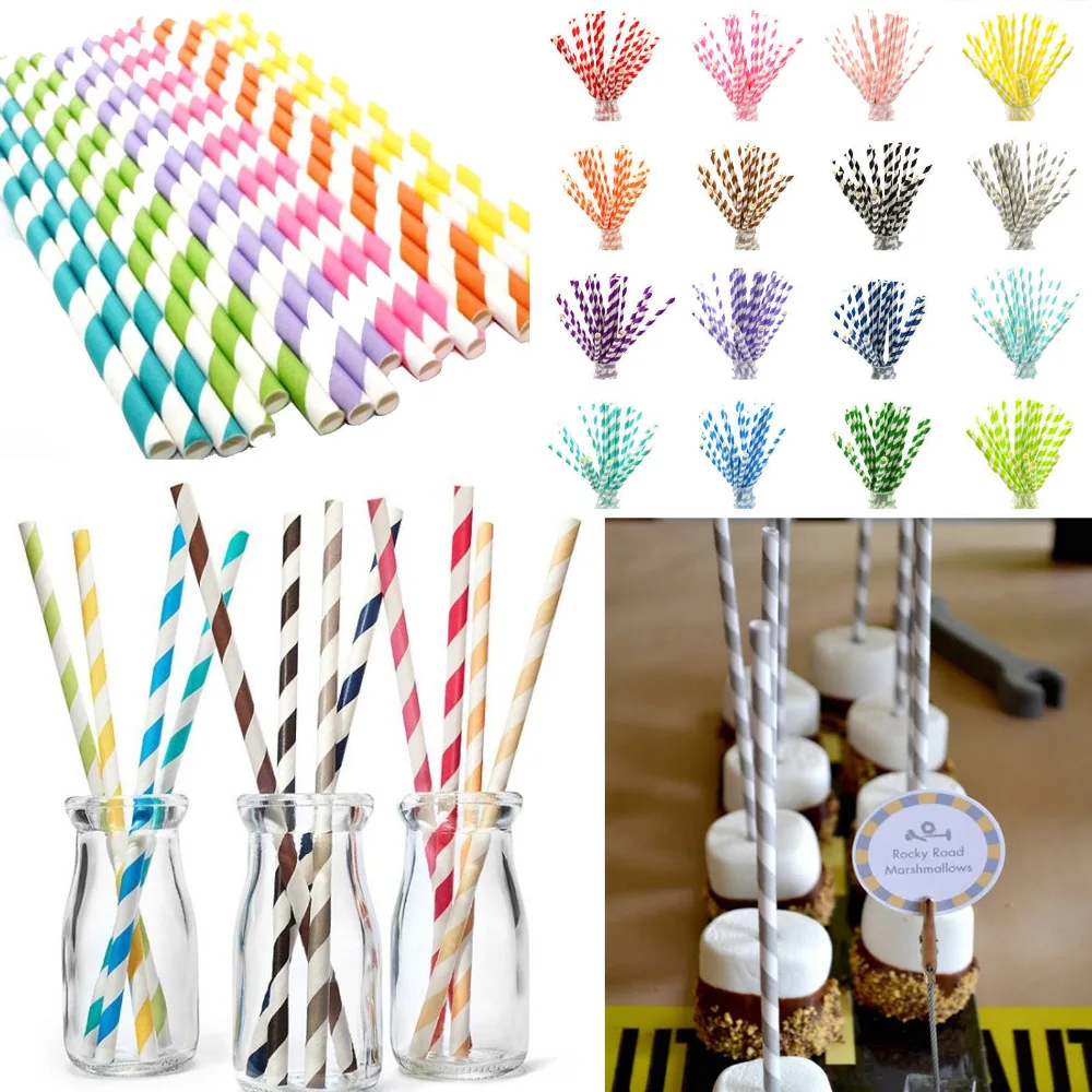 

100pcs/lot Colorful Paper Drinking Straws Retro Vintage Striped Party straw paper flowers Outdoor Accesssory party supplies