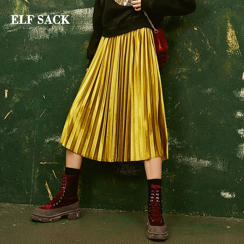 ELFSACK новинка юбки для женщин одноцветные на каждый день до середины икры а-силуэт