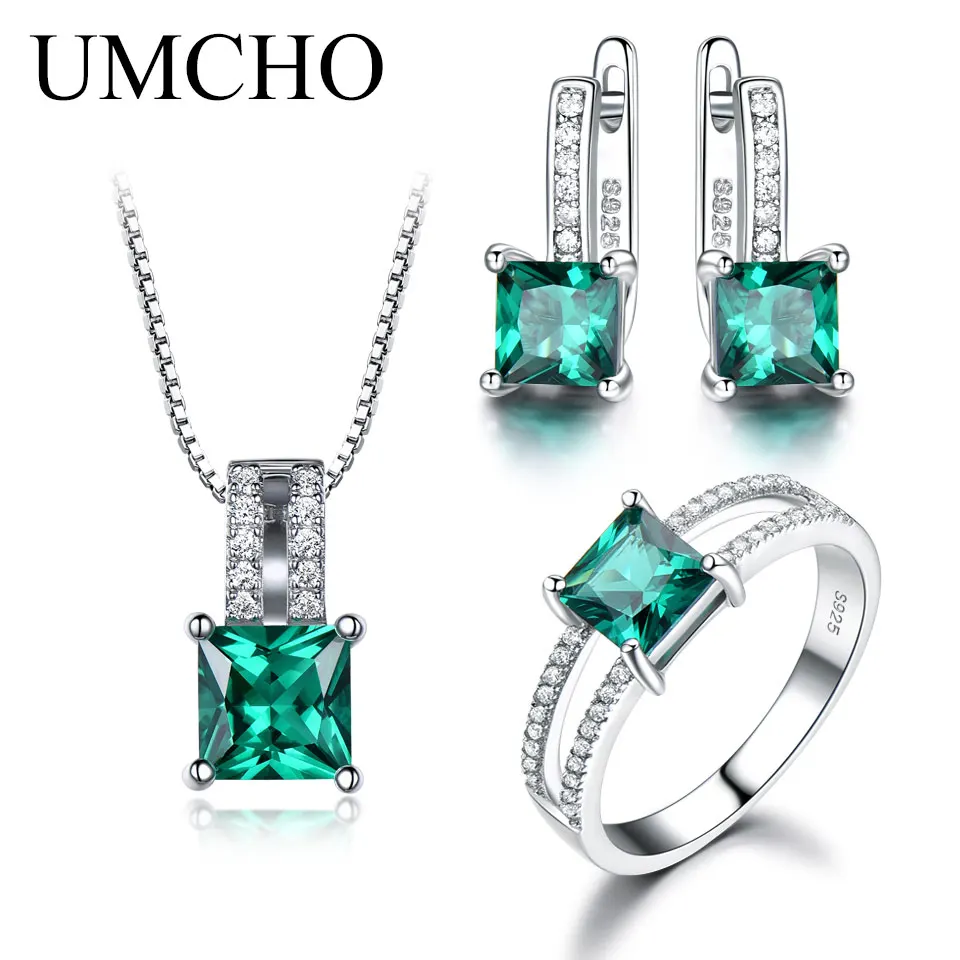 Emerald UMCHO элегантный 925 пробы серебряные ожерелья кольца серьги квадратный создан изумруд свадебный подарок для женщин ювелирные наборы - Цвет камня: Emerald