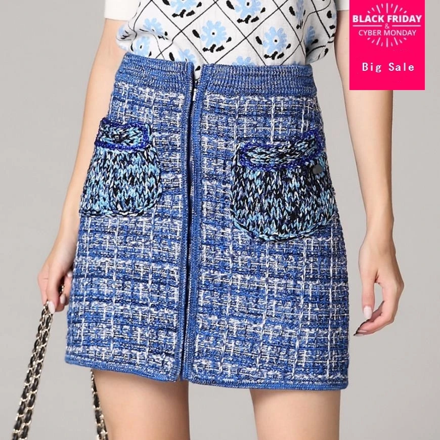 Женская шерстяная трикотажная юбка облегающая прямая синего цвета в полоску