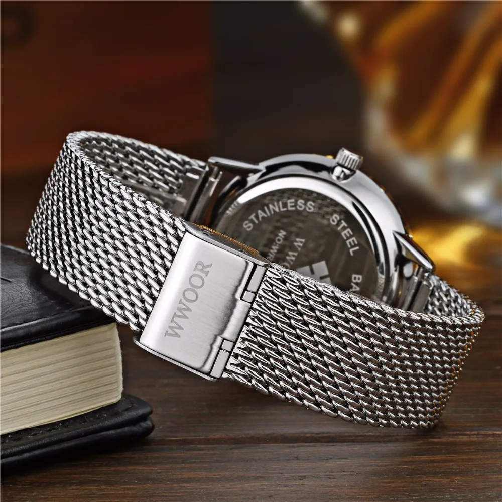 relojes hombre 2018 WWOOR brand Date Clock Male Waterproof Quartz Watch Men Silver Steel Mesh Strap Luxury Casual Wrist | Наручные часы