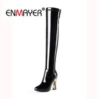 enmayer women over the knee boots pointed toe platform shoes fashion boots high heel zipper patent leather hoof heels cr1480