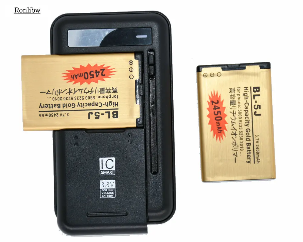 Ronlibw зарядное устройство 2 шт. 2450 мАч золотой аккумулятор BL5J + для Nokia 5230 5233 5800 3020 Lumia