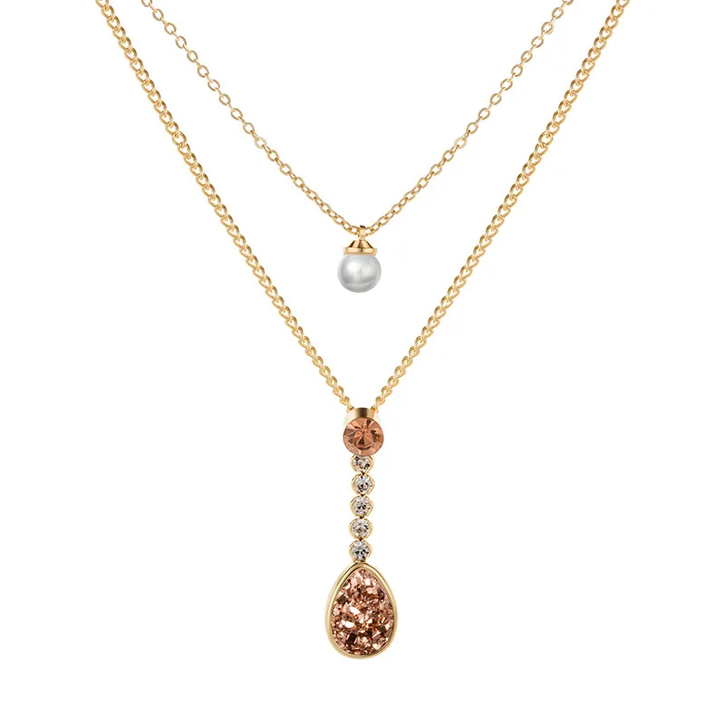 8Seasons Fashion Necklace Gold Pearl Geometric Brown Water Drop Rhinestone Pendant Multilayer Love Women Charms 1 Piece | Украшения и