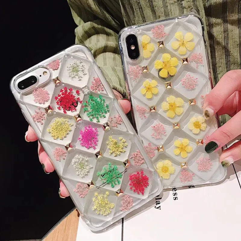 Luxury Lattice Transparent 3D Rivets Cute Real Dried Flowers Soft Silicone Phone Case for iPhone X XR XS MAX 7 8 6 6S Plus Cover |