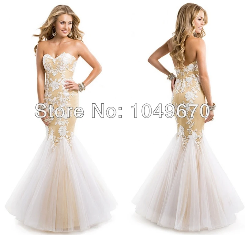 2014 Free Shipping Sweetheart Applique Mermaid Prom Dresses Tulle Floor Length vestidos de fiesta Gowns Party N448 | Свадьбы и